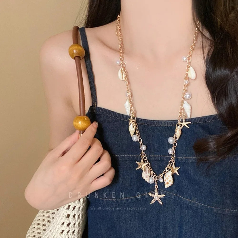 Seaside Style Sea Star Shell Beads Necklace Womens Summer Beach Vacation Neck Chain Bohemian Jewelry Accessories Gift Oasis Select