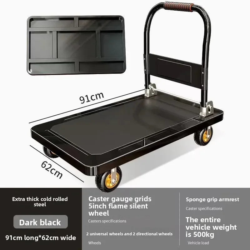 Multi-functional Color steel plate trolley Pull goods trolley Pallet flatcar Portable folding silent Oasis Select Black G