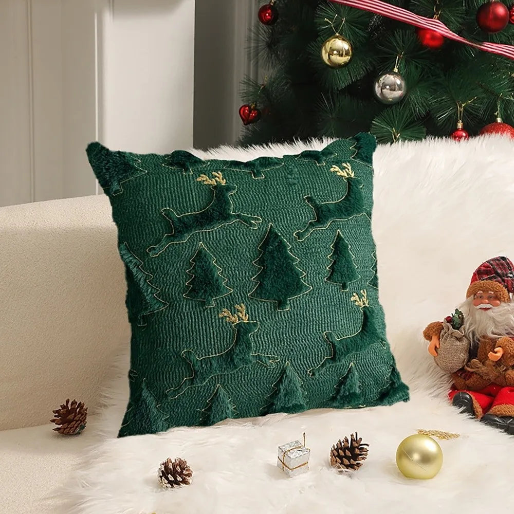 Christmas Plush Pillowcase – Xmas Tree & Reindeer Cushion Cover