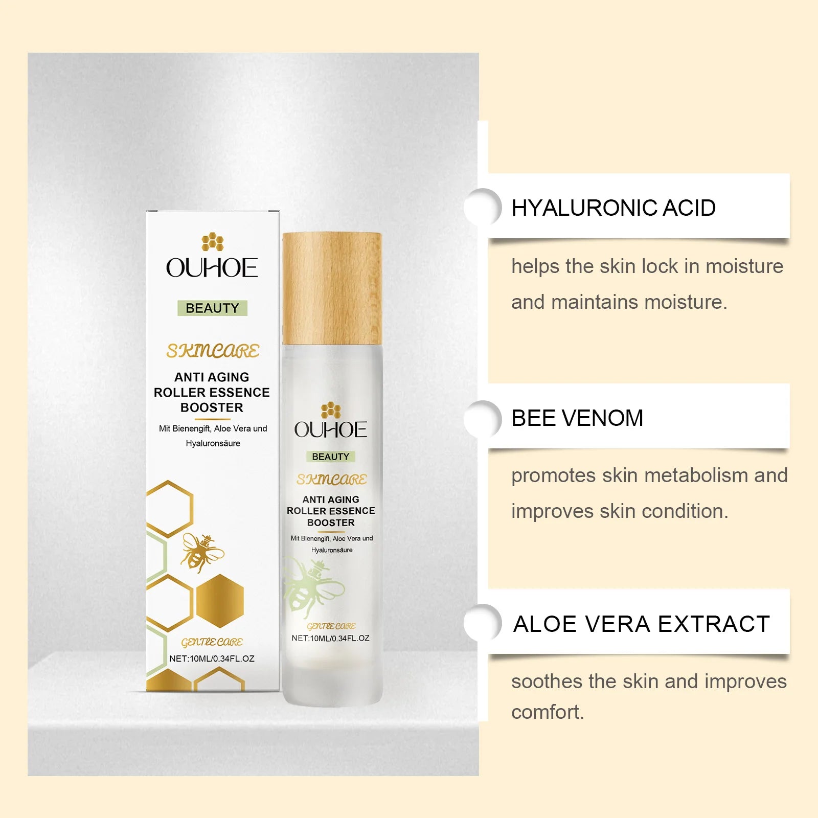 Anti Aging Roller Essence Bee Venom Booster Hyaluronic Acid Skin Firming Fine Lines Improvement Facial Massage Skincare Serum Oasis Select