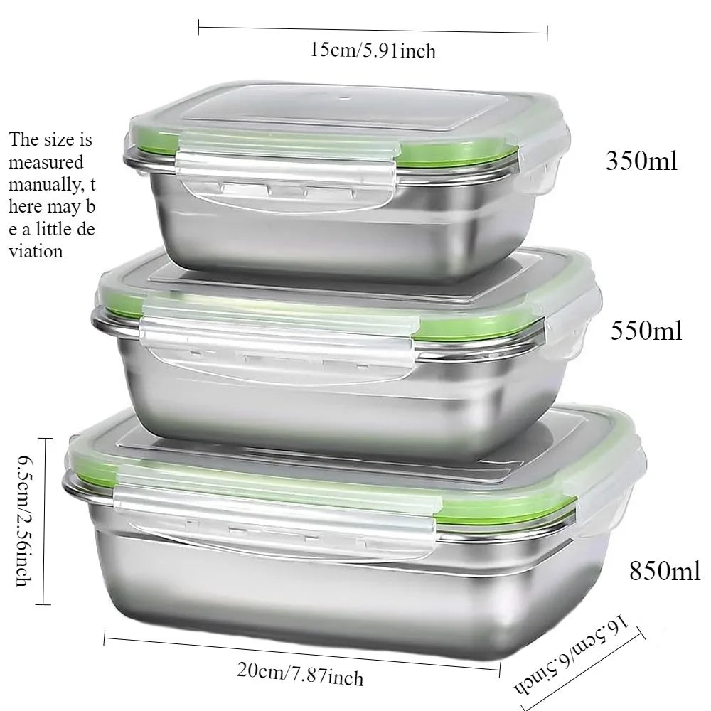 3 Pieces Stainless Steel Food Containers Food Storage Box Square Lunch Box 400/750/1200ml Oasis Select