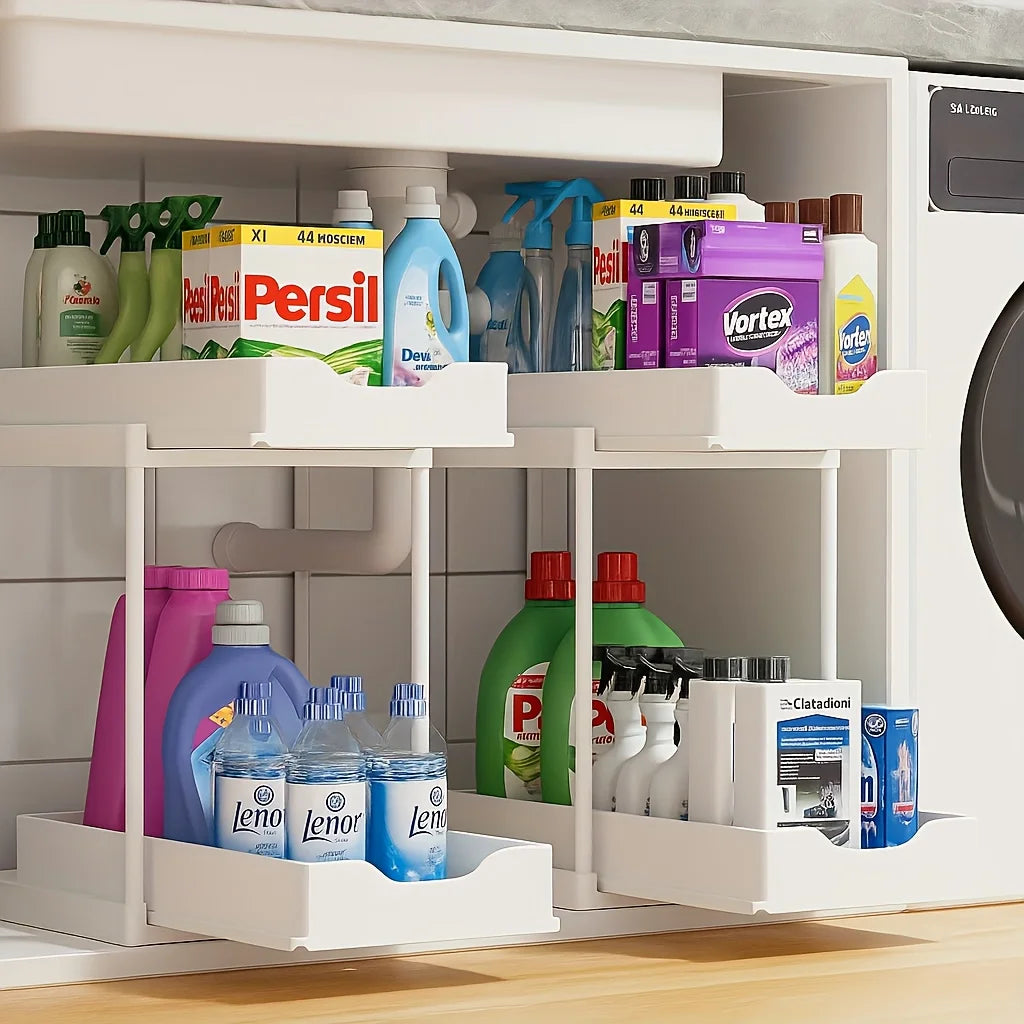 Pull Out Storage Rack 2 Tier,Black/White Under Sink Organizer with Non-Slip Drawers for Kitchen Bathroom Cabinet Bathroom Shelve Oasis Select