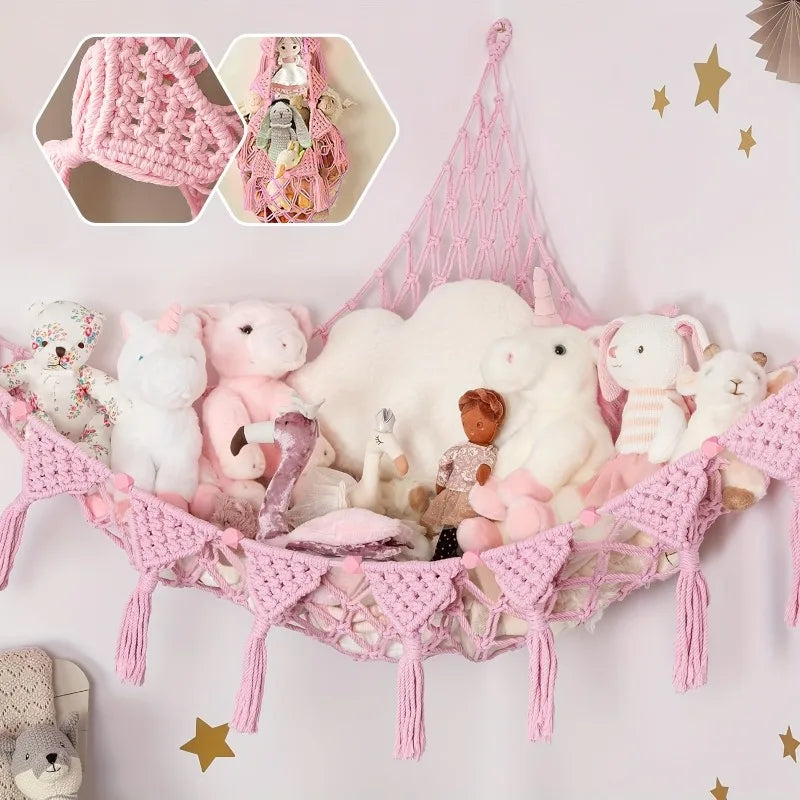 Stuffed Animal Toy Storage Hammock - Doll Stuff Animals Organizer Decorations - Cute Hanging Plushie Net Bedroom Room Decor Oasis Select Pink