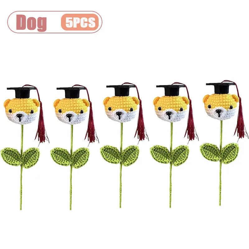 Graduation Season Crochet Bouquet with Graduation Cap Handmade Knitted Flower for Boys Girls Teacher Gift School Oasis Select Dog-5PCS