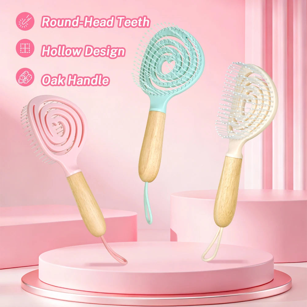 Pastel Spiral Vent Hair Comb – Oak Wood Handle | 3 Colors Hair Styling Comb Oasis Select