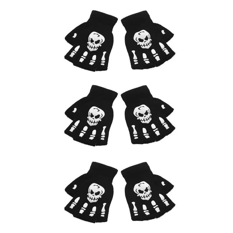 1-4pair Gloves Unisex Halloween Skeleton Skull Half Finger Gloves Glow In The Dark Fingerless Stretch Knitted Winter Mittens Oasis Select 3pair C