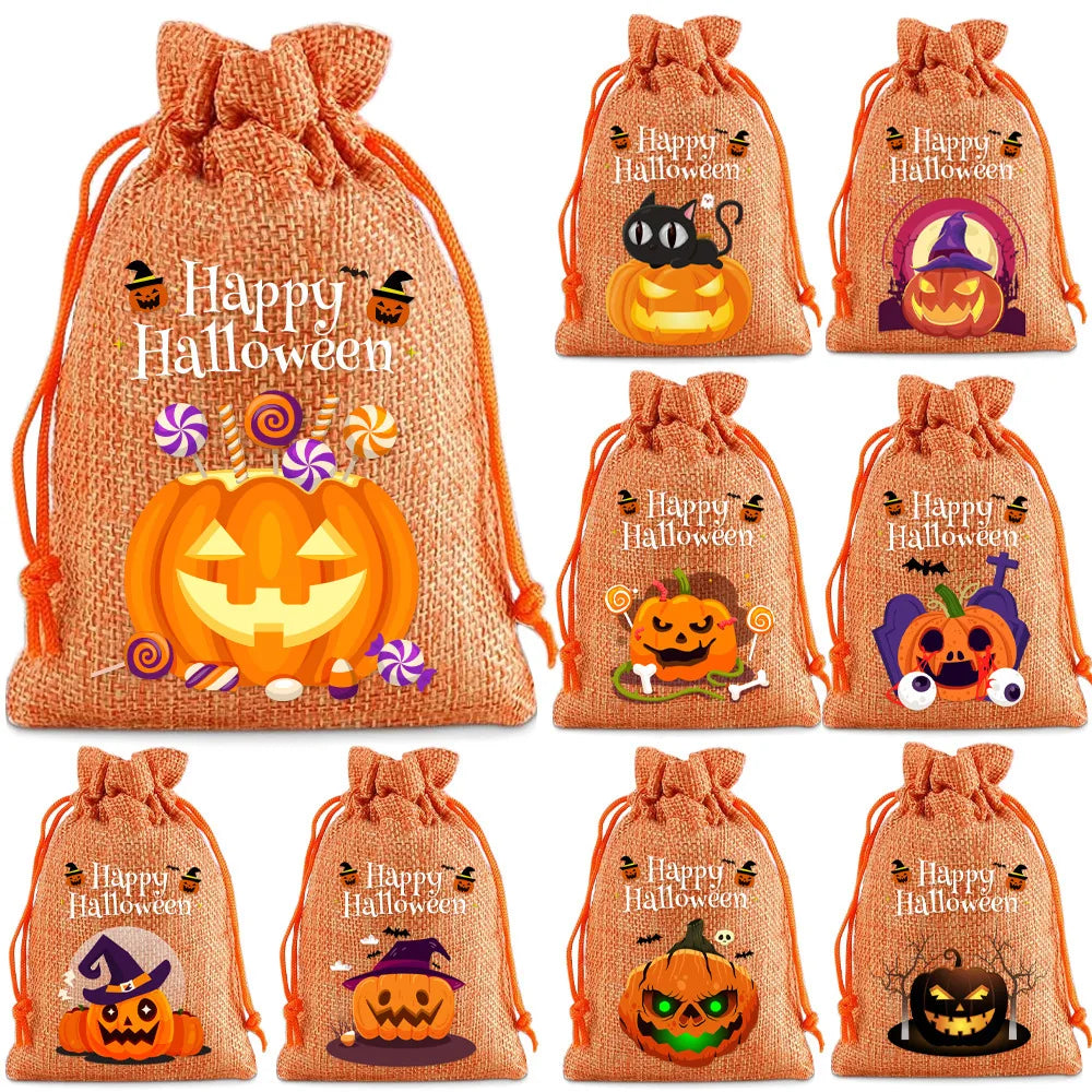 StoBag 12pcs Wholesale Halloween Linen Bag Gift Candy Packaging Drawstring Small Storage Kids Child Pouches Trick or Treat Party Oasis Select