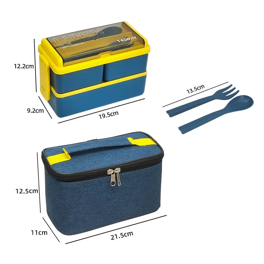 Double Layer Lunch Box with Storage Bag Leakproof Student Microwave Dinnerware Set with Fork Spoon Food Snack Storage Container Oasis Select Blue with bag