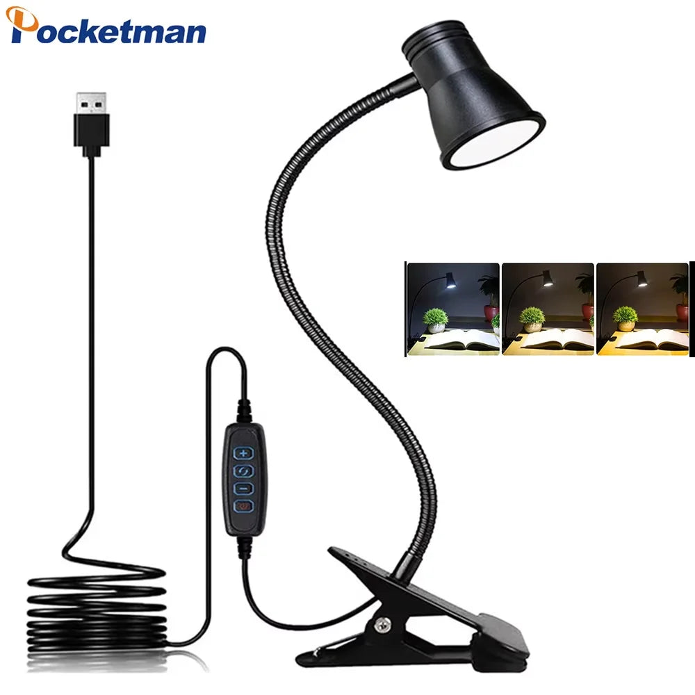 3 Colors Dimmable Desk Lamp Night Light Bedroom Bedside USB Table Lamp LED Clip Lamp Eye-protection LED Book Light Oasis Select