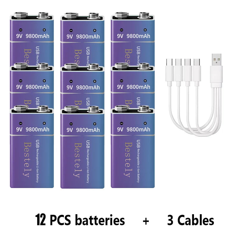 9V Rechargeable Li-ion Battery 9800mAh PP3 6F22 6LR61 006P USB Charging For Smoke Detector Alarm Microphone Toy Oasis Select 12 PCS Batteries