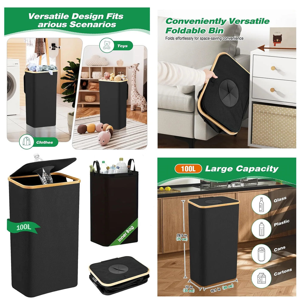 Large-capacity storage box with inner bag, foldable, for bottles, clothes, toys, recyclable waste, laundry basket, 24/100L Oasis Select