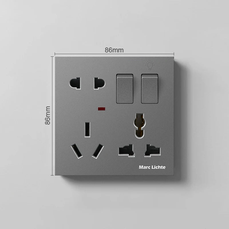 Universal Wall 86 Type Multifunctional Eight-Hole 5pin Power Plug Two Or Three Plugs With 1Gang Switch Control Socket Oasis Select Gray