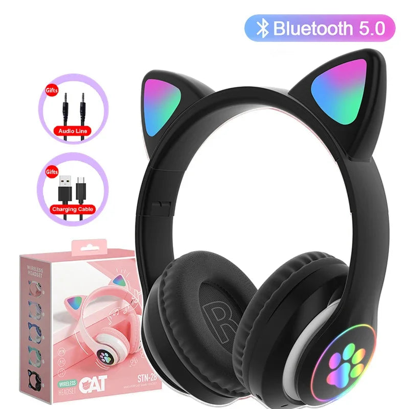Bluetooth 5.0 Stereo With Mic Flash Lamp Cute Cat Ears Headphone Support TF Card Wireless Kids Girl Earphone Birthday Gift Oasis Select black