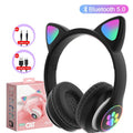 Flash Lamp Cute Cat Ears Headphone Bluetooth5.0 Stereo With Mic Support TF Card Wireless Kids Girl Earphone Birthday Gift Oasis Select black