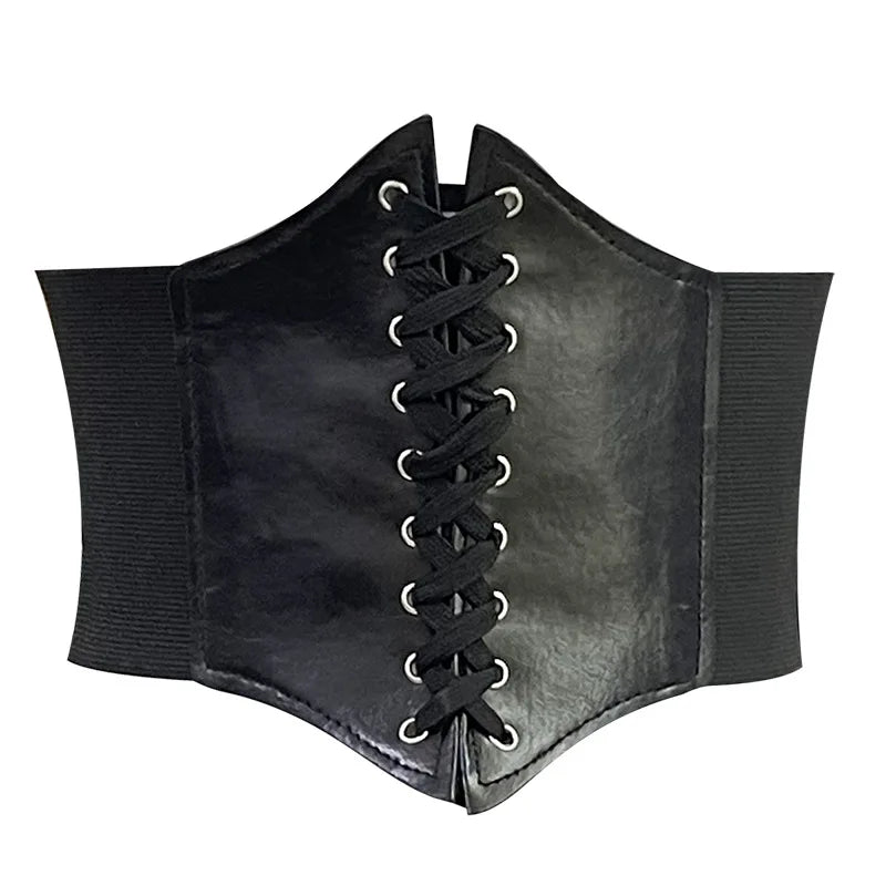 New High Elastic Lace-up Corset Women Black Retro Punk PU Slimming Wide Belt For Womens Fashion Gothic High Waisted Belt Oasis Select