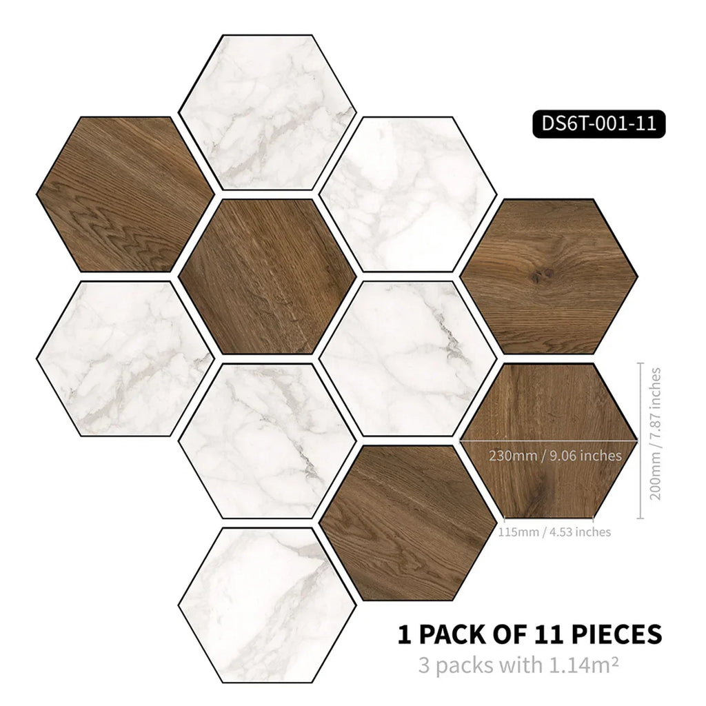 Marble wood grain self-adhesive hexagonal floor stickers waterproof home decoration hexagonal art Mosaic floor stickers Oasis Select DB-6T11P-001-CC 20cm x 23cm 11pcs