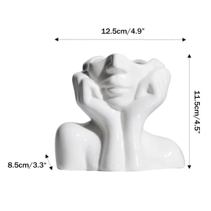 White Vase with Art Face Design, Creative Desktop Ornament Handmade Gift Modern Home Decor Oasis Select 002