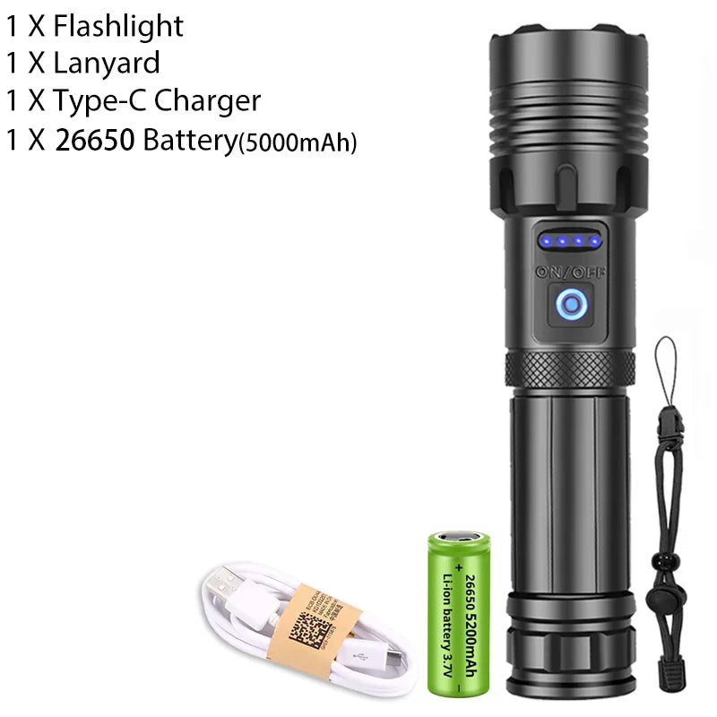 Powerful LED Flashlight XHP120 Rechargeable Portable Tactical Torch Super Bright Camping Outdoor Search and Adventure Flash Lamp Oasis Select X73 XHP120 26650