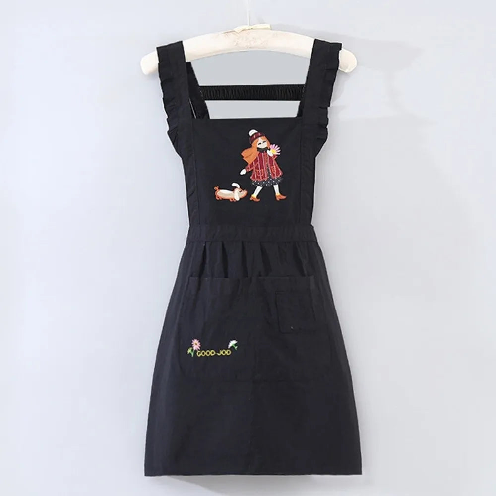 Cartoon Kitchen Apron Princess Style Waterproof Cooking Baking Bibs Cross Back Anti-fouling Florist Shop Work Clothes for Women Oasis Select Black
