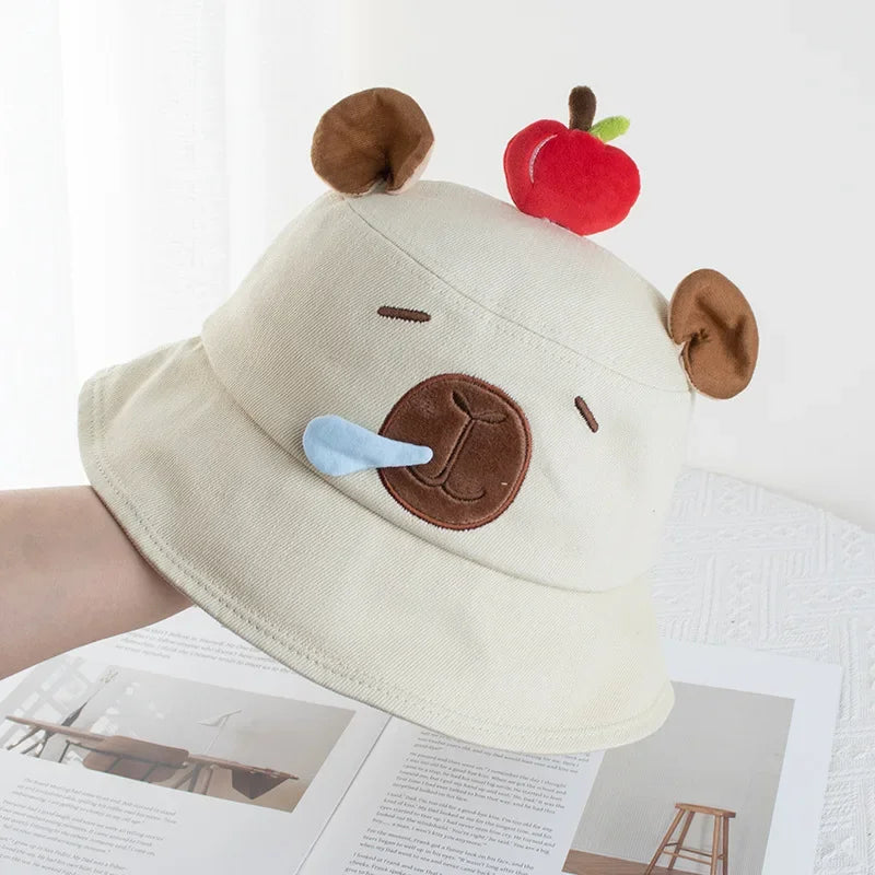 1-4PCS Cute Capybara Apple Bucket Hat for Women Cartoon Fisherman Hat Sun Protection Casual Summer Beach Outdoor Oasis Select Beige-1PC