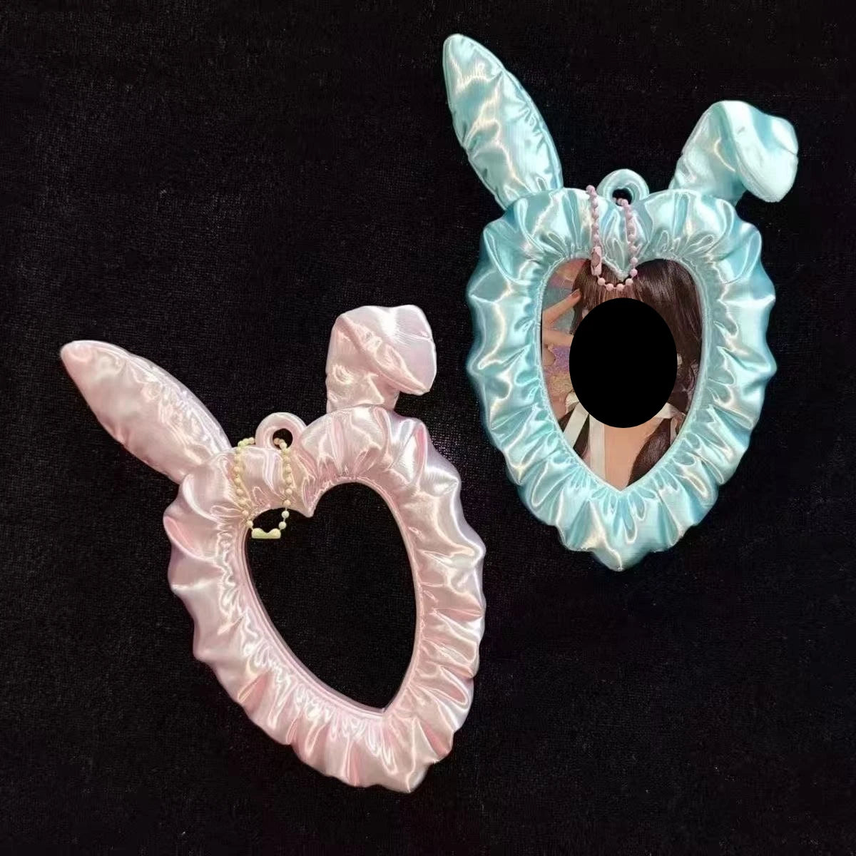 Cute Rabbit Ear Heart-shaped Photo Booth Silk Satin Idol Photo Frame PLA Material Style Card Holder Keychain Photo Display Frame Oasis Select