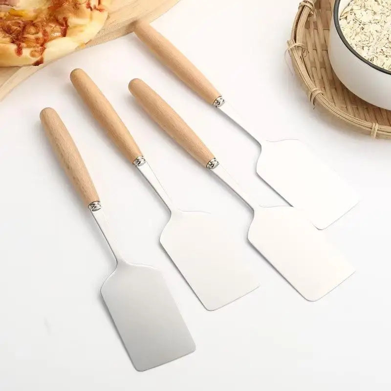 Stainless Steel Square Head Steak Cooking Spatula Wood Handle Pizza Shovel Pancake Beef Scraper BBQ Utensils For Kitchen Oasis Select