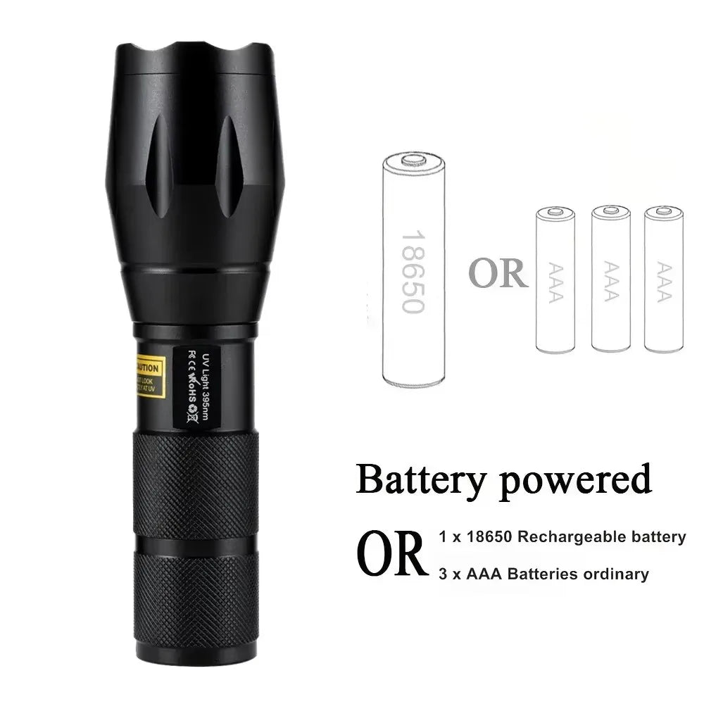 Zoom UV LED Flashlight 365nm 395nm Invisible Ink Marker Cat Dog Urine Tinea Ore Money Scorpion Fluorescence Light Use AAA 18650 Oasis Select