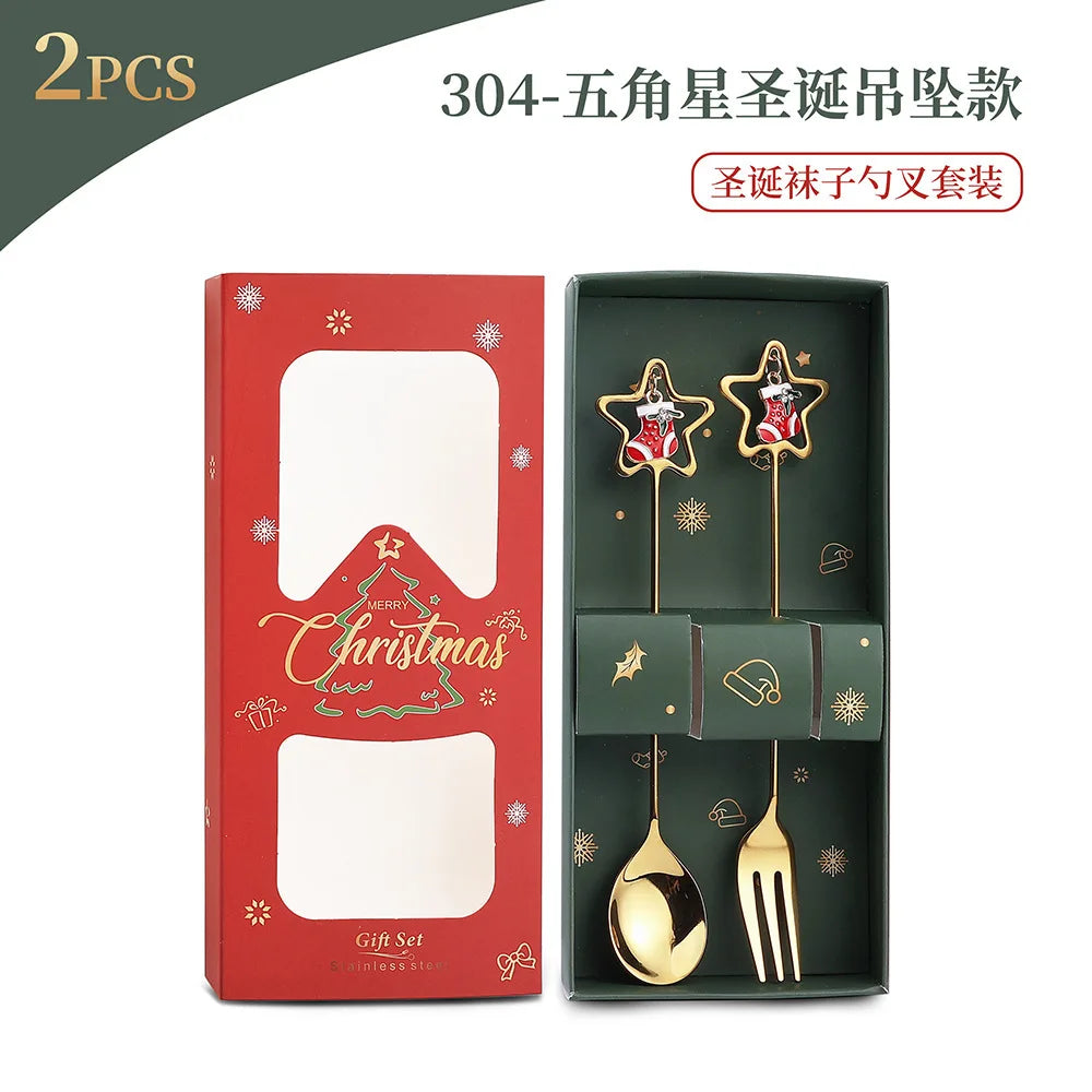 Christmas Spoon Set Santa Doll Cutlery Set Cute Dessert Spoons Holiday Tableware Two Piece Set for Christmas Gift Decoration Oasis Select Style8