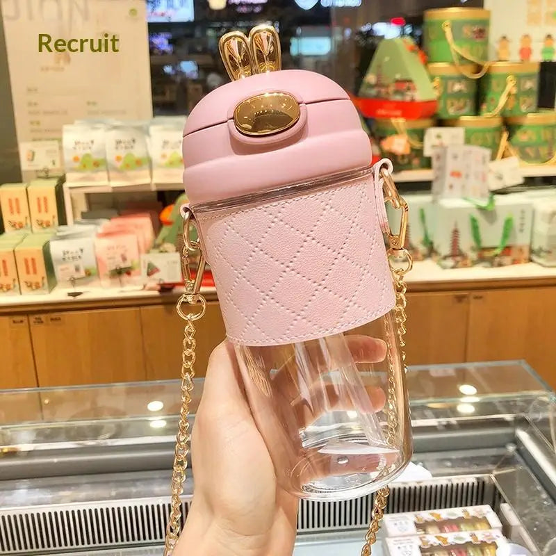 1 PCS Cute Bunny Ear Clear Large Capacity Water Bottle Pearl Strap Cartoon Decors For Girls Daily Use Oasis Select pink580ml D
