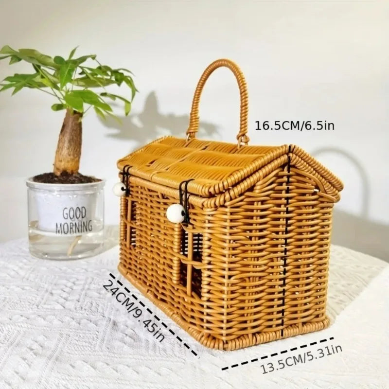 1pc Handwoven PE Rattan Picnic Basket, Durable Fruit Bread Snack Tote Bag, Portable Woven Storage Basket for Grocery Shopping Oasis Select