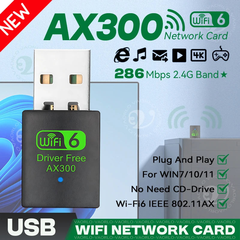 WiFi6 USB Wireless Network Card 2.4G High-Speed AX300 Drive Free Mini WI-FI Adapter Receiver Dongle WLAN 286Mbps For Win 7/10/11 Oasis Select