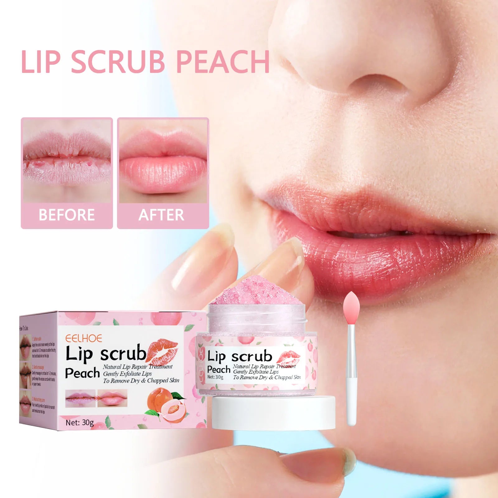 Peach Lip Scrub Moisturizing ＆ Moisturizing Lips Preventing Drying ＆ Cracking Diminishing ＆ Improving Dark Skin Around Lips 30g Oasis Select