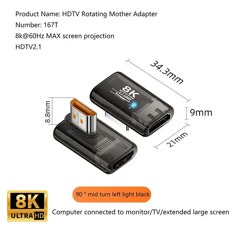 HDMI 2.1 Male to Female Adapter 8K@60Hz – 90/270/360° Angle