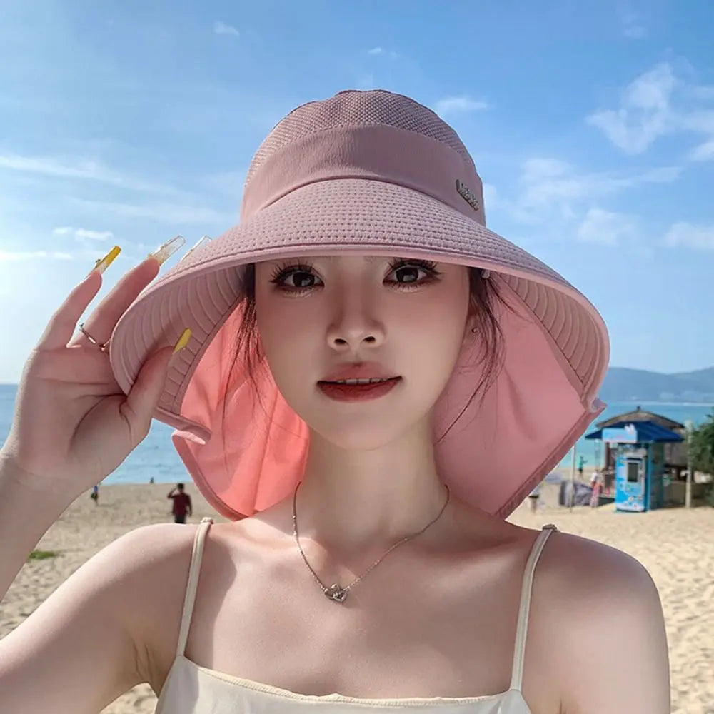 Summer Large Brim Sun Hat Neck Protection Anti-UV Empty Top Ponytail Cap Sun Protection Breathable Beach Shawl Hat Oasis Select