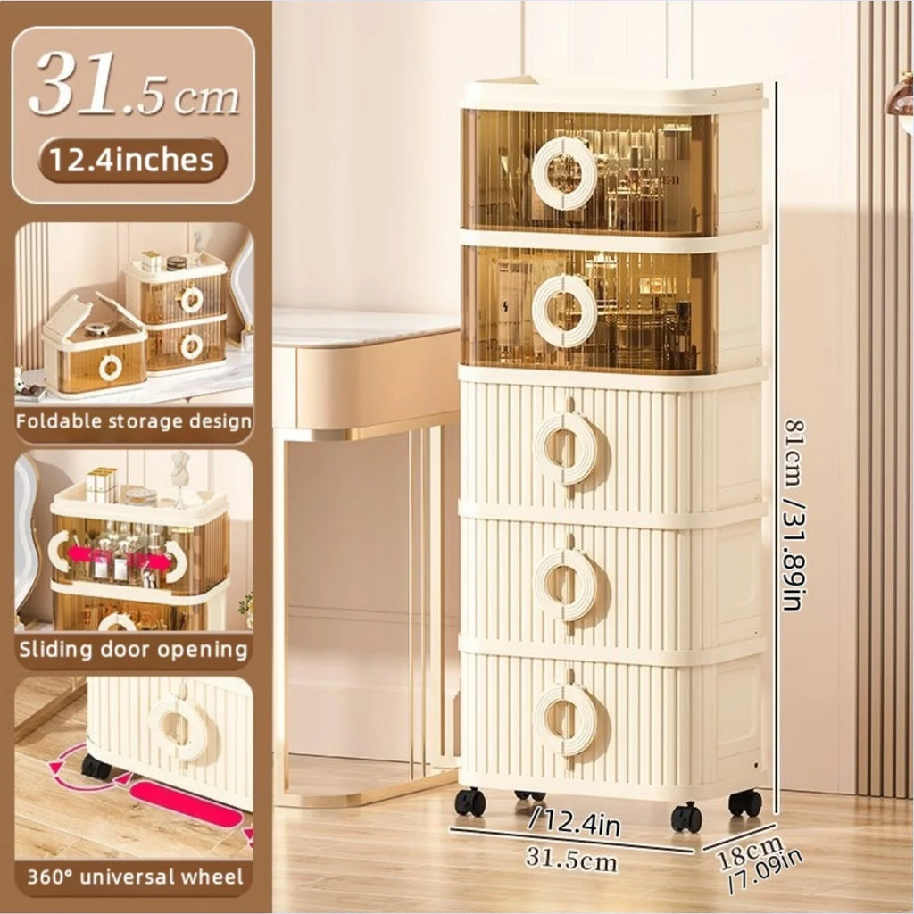 Foldable Makeup Organizer - No Assembly Rolling Cart with Sliding Doors, Large Capacity Space-Saver for Home Storage Oasis Select 5 Tiers Mixed