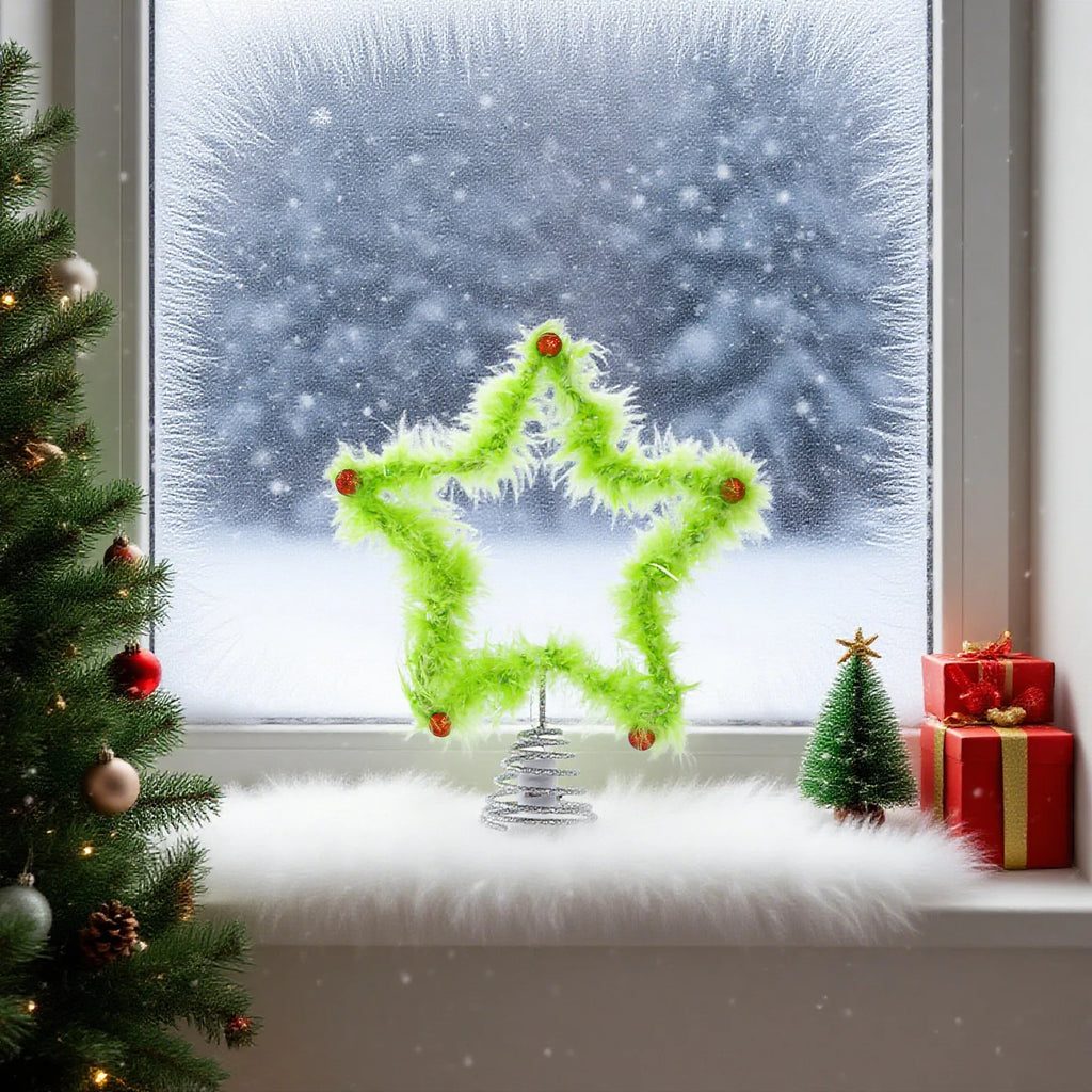 Holiday Festive Grinch Tree Topper Christmas Fuzzy Star Iron Green Plush Home Party Decor Ornament Oasis Select