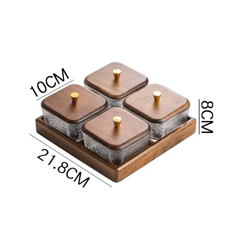 High-grade Solid Wood Glass Fruit Tray Bowl Household Living Room Tea Table Points Snack Candy Dry Fruit Tray Snack Nut Box Oasis Select 4 grids with cover