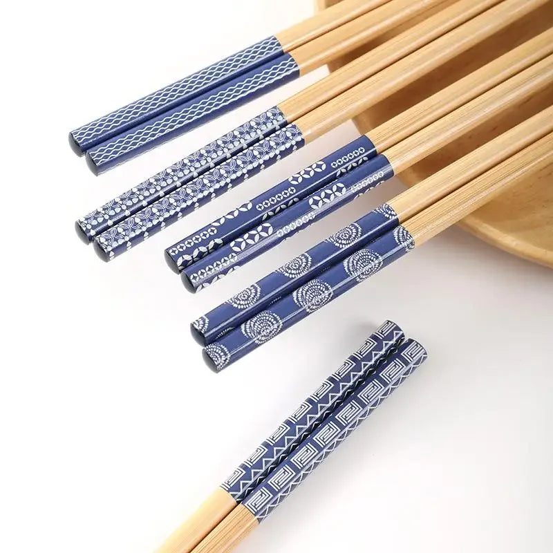 5Pairs Reusable Handmade Japanese Natural Bamboo Wood Chopsticks Multi-Color Sushi Cat Flower Design Eco-Friendly Tableware Oasis Select