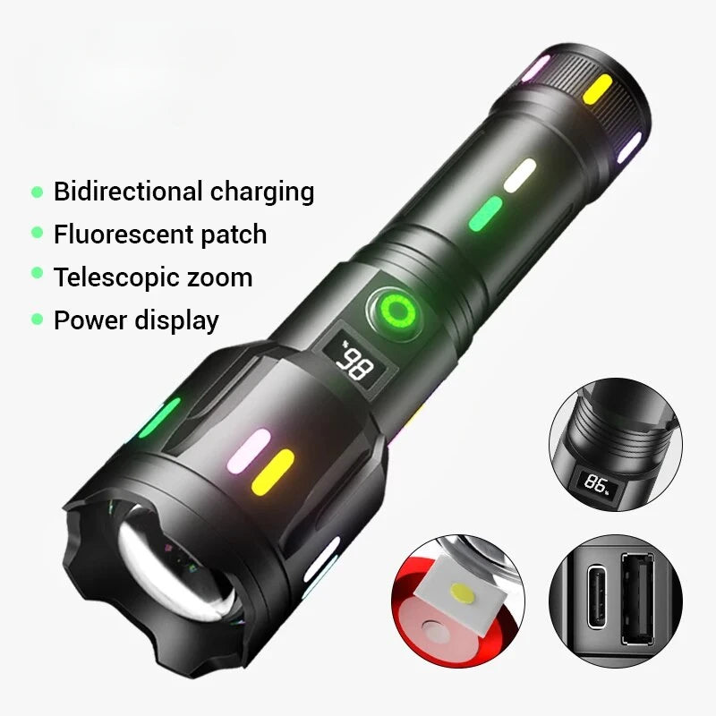 Long Range LED Flashlight High Power Spotlight Fluorescent Absorbing Film Luminous Colorful Zoom Flashlight Camping Emergency Oasis Select