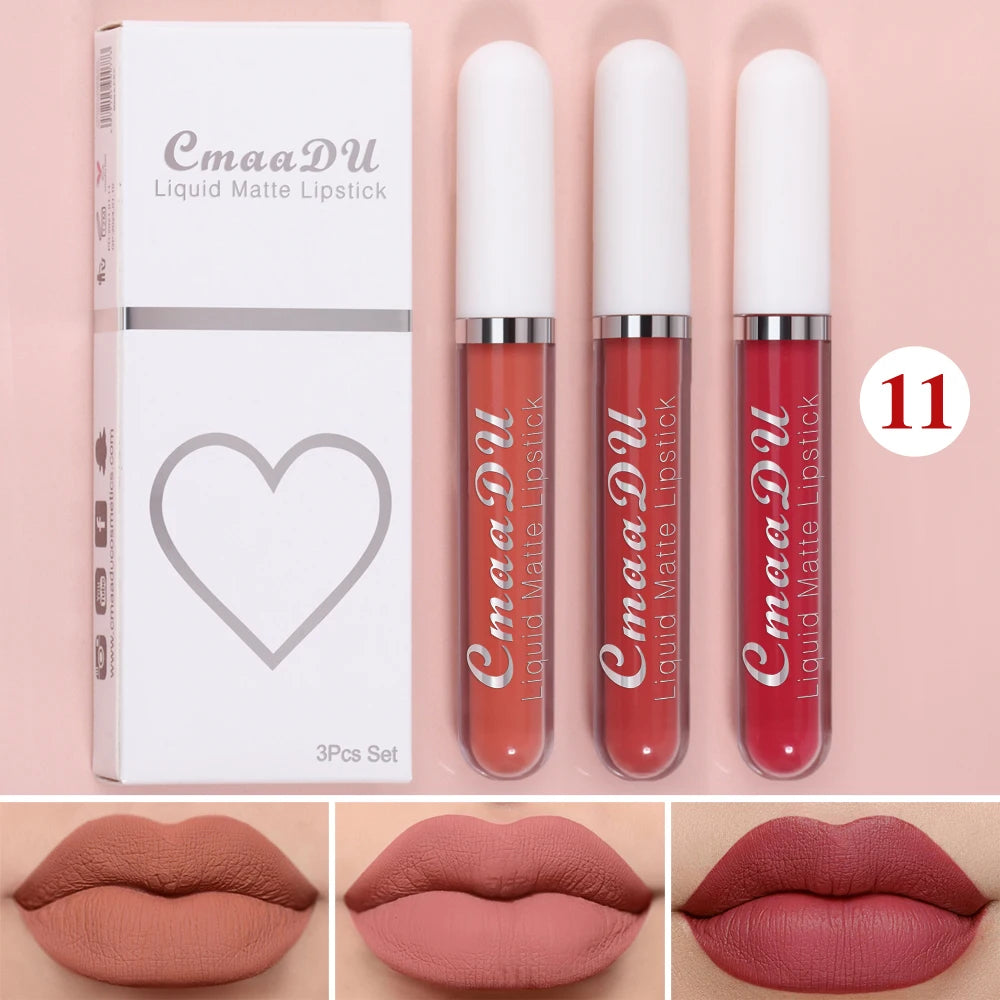 3 Pcs Matte Lipstick Lip Gloss Sets Long-Lasting Non-Fading Waterproof Non-stick Cup Exquisite Gift Everyday Holiday Universal Oasis Select 11