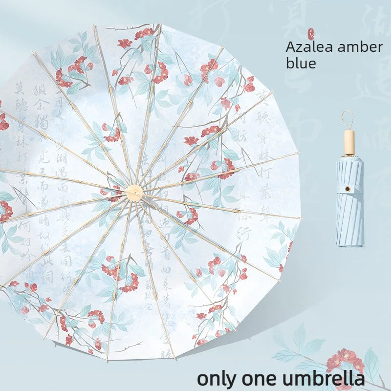6 Ribs Reinforced Large Folding Umbrella Dual-purpose Sun Rain Umbrella UV Protection Sun Parasol for Women Oasis Select Rhododendron Aluminum 16K