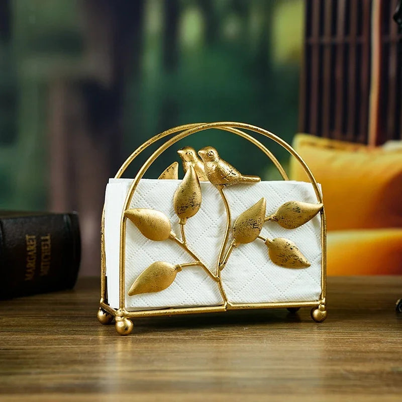 Luxury Golden Leaf Paper Towel Rack Hollow Metal Light for Home Restaurant Hotel Desktop Storage Organizer Oasis Select