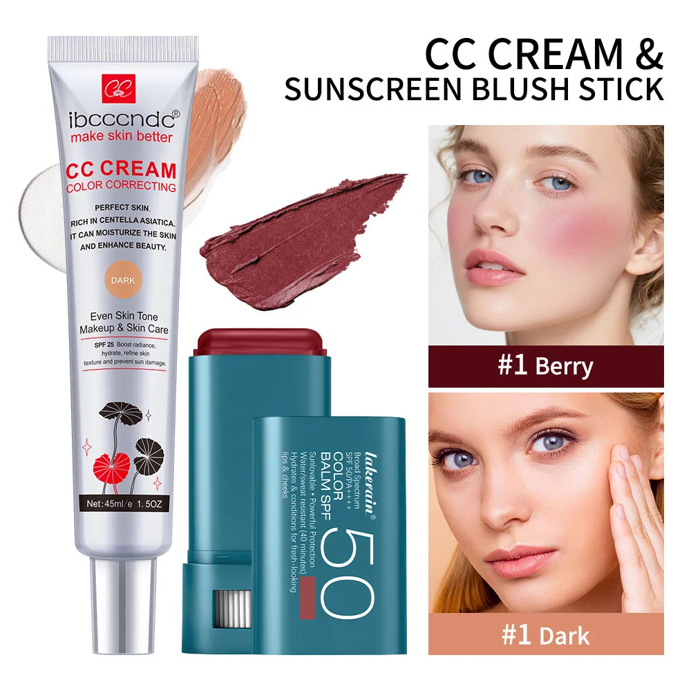 2pcs/set Color Correcting CC Cream & Suncreen Blush Stick Long-Lasting Waterproof Natural Finish Face Makeup Korean Cosmetic Oasis Select SET 1