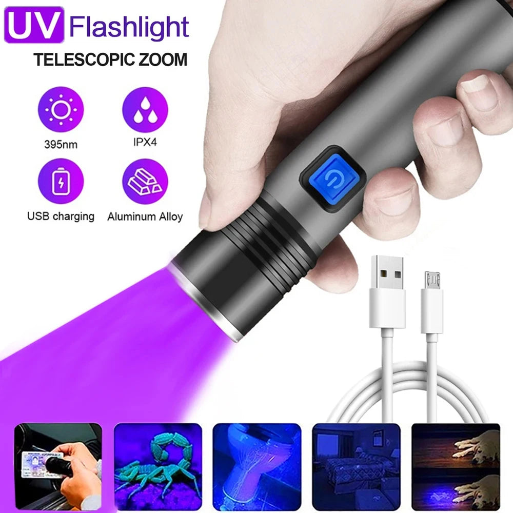USB Rechargeable 365nm/395nm UV Flashlight 3 Modes Zoomable Ultraviolet Torch Pets Tinea Money Ore Scorpion Detection Lamp Oasis Select