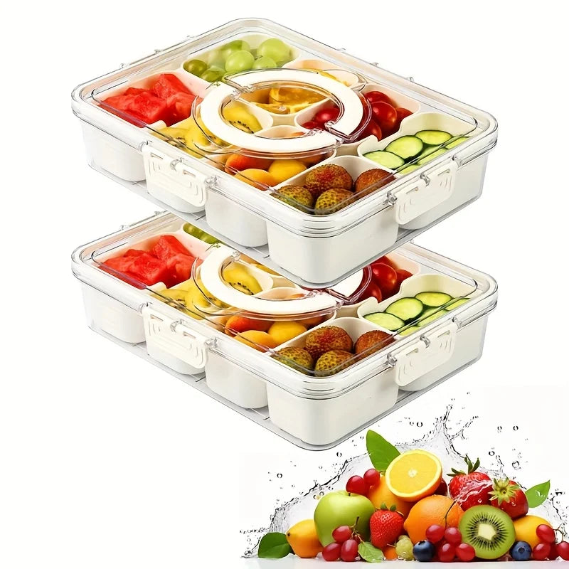 Divided Rotating Serving Tray with Lid and Handle, Portable Snackle Box for Fruits Snacks Veggie Charcuterie, Clear Snack Spinne Oasis Select