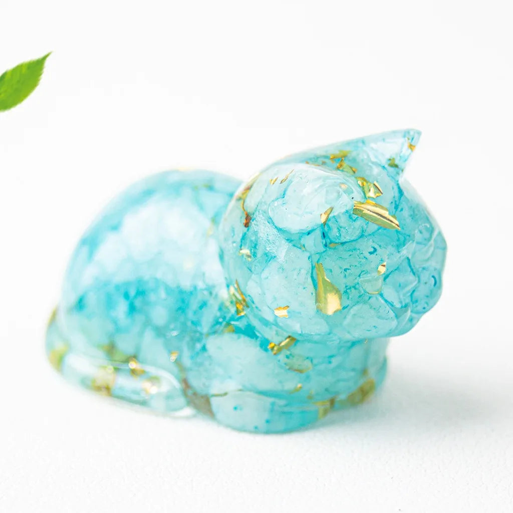 Crystal Chip Epoxy Lying Cat Figurine | Desk Decor & Gift