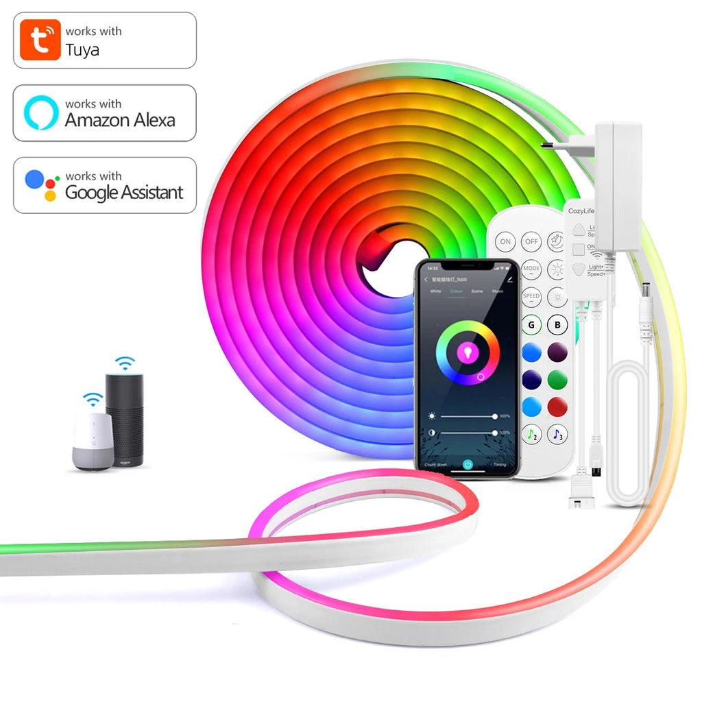 12V RGB LED Neon Strip Lights Waterproof SMD3535 Smart WiFi App Control Flexible Silicone Gel Tape Ambient Lamp for Alexa Google Oasis Select