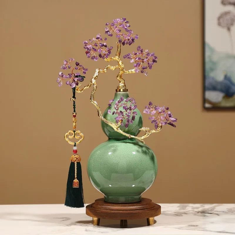 Crystal Stone Gourd Sculpture for Living Room Entrance Wine Cabinet Office Art Craft Decoration Housewarming Gift Oasis Select