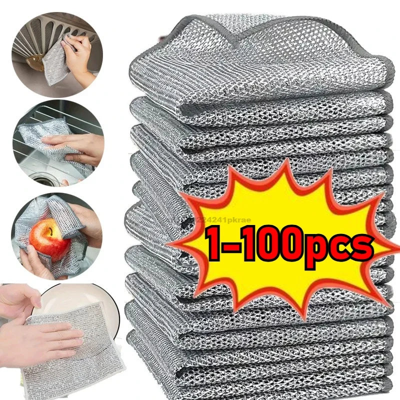 Single/Double-Sided Silver Fabric Dishcloth Dish Towel Absorbent Non-Stick Oil Dish Rag Housework Oil Removal Kitchen Cleaning Oasis Select