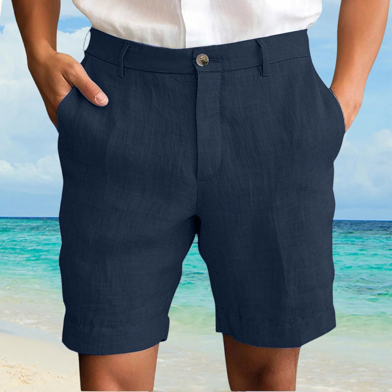 Summer Cotton Linen Shorts for Men Solid Casual Button Pocket Beach Shorts Men's Comfortable Simple Vacation Leiture Pants Oasis Select Navy XL